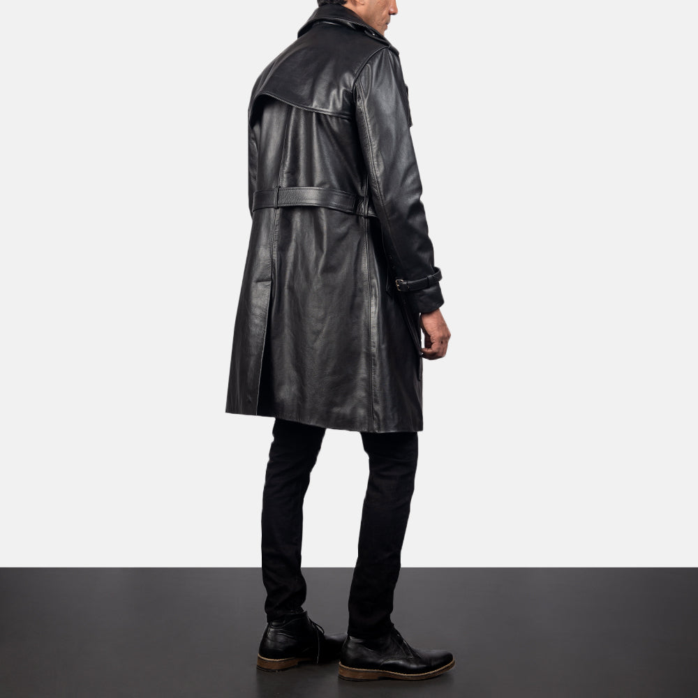 
Royson Черный Leather Duster Кожаное пальто для Мужчин - Вид сбоку, демонстрирующий эргономичный крой рукава