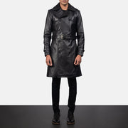 
Крупный план деталей of Shirt & Heavy-Duty Zipper Hardware on Royson Черный Leather Duster Кожаное пальто для Мужчин