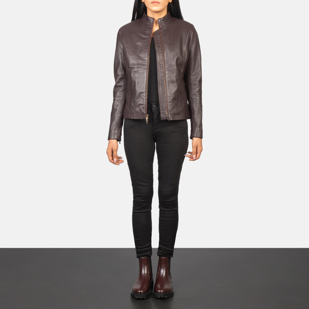 
Rumella Maroon Leather Biker Jacket - Вид сбоку, демонстрирующий эргономичный крой рукава