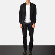 Men's Shane Black Suede Bomber Jacket - Lateral Side Profile View Showing Sleeve Cut &amp; Athletic Taper Fit