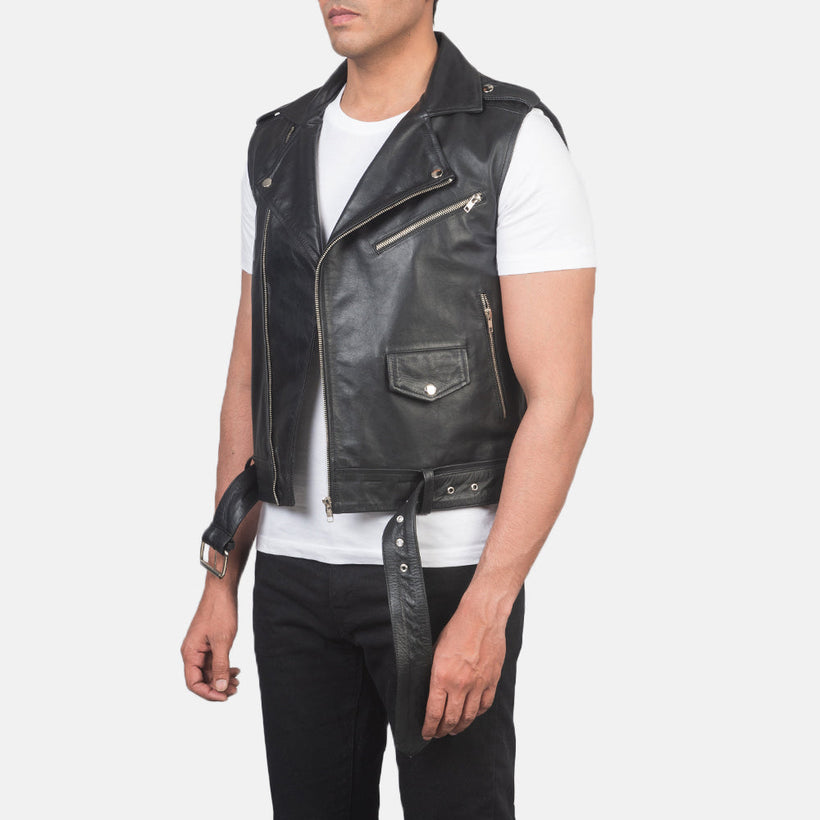 Sullivan Черный Leather Biker Vest для Мужчин