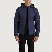 
Tyler Синий Hooded Puffer Кожаная куртка для Мужчин in Blue Full-Grain Leather - Вид спереди и приталенный силуэт | Купить в официальном онлайн-магазине