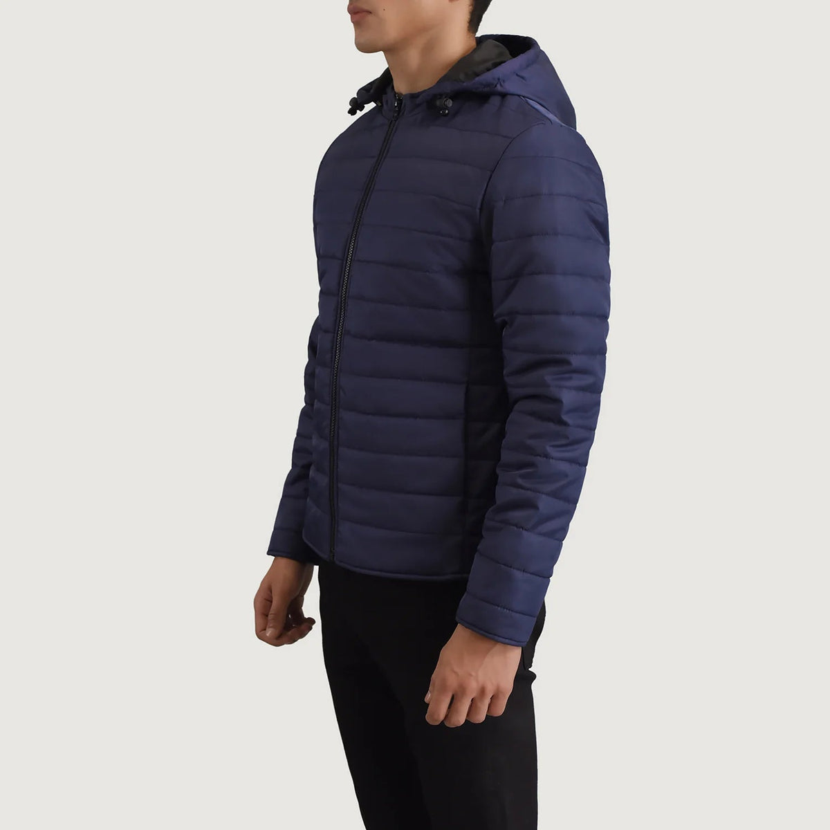 
Blue Full-Grain Leather Hooded Jacket - Вид сзади, подчеркивающий посадку по плечам и ровный край