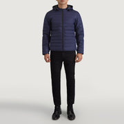 
Tyler Синий Hooded Puffer Кожаная куртка для Мужчин - Вид сбоку, демонстрирующий эргономичный крой рукава