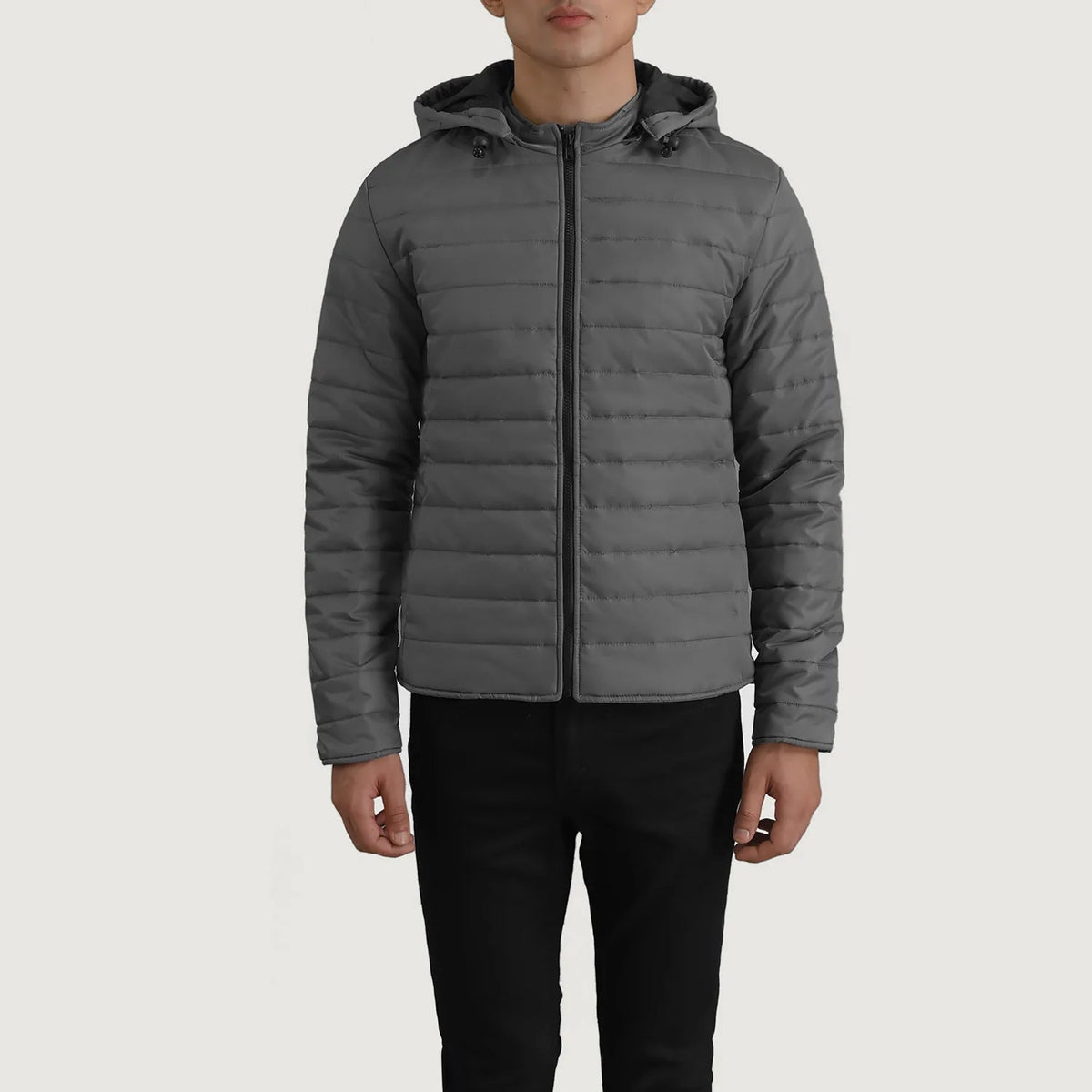 Close-Up Detail of Classic Collar & Zipper Hardware on Tyler Grey Hooded Puffer Jacket