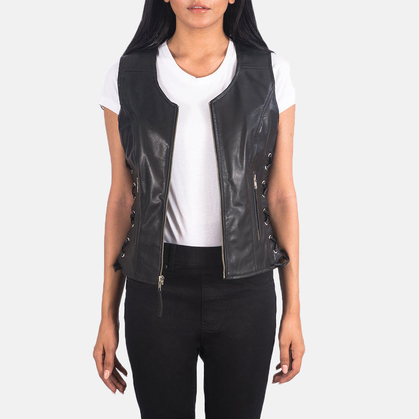 Vanda Черный Leather Biker Vest для Женщин