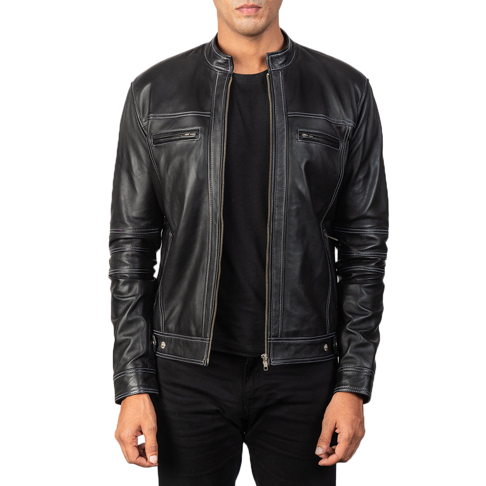 
Youngster Distressed Black Leather Jacket in Black Goatskin Snuffed - Вид спереди и приталенный силуэт | Купить в официальном онлайн-магазине