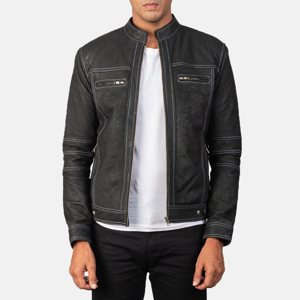 
Button & Hem Craftsmanship Construction Detail on Youngster Distressed Black Leather Jacket