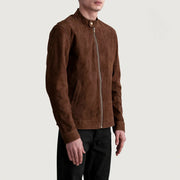 
Brown Goatskin Suede Biker Jacket - Вид сзади, подчеркивающий посадку по плечам и ровный край