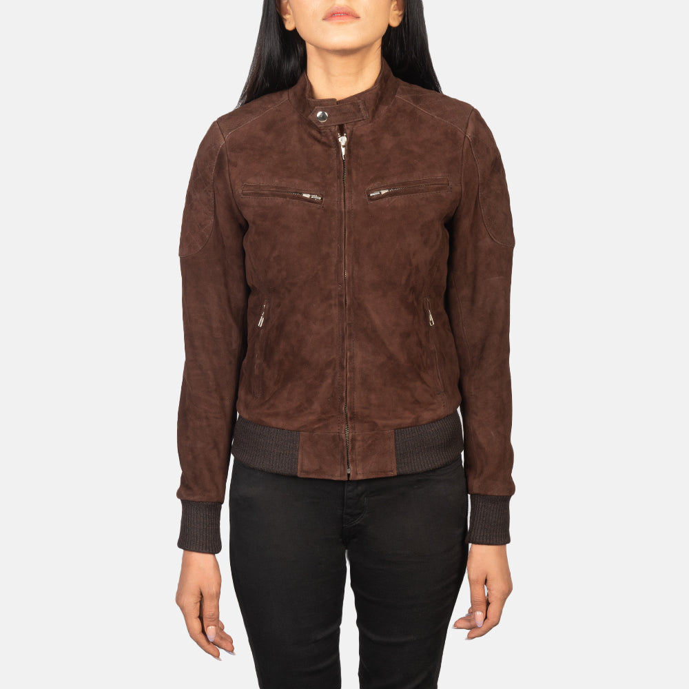 
Крупный план деталей of Band with Snap Button & Zipper Hardware on Zenna Mocha Suede Bomber Jacket